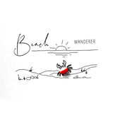 A minimalist black line art graphic on a white background with the words 'Beach WANDERER' and a small red crab illustration near the bottom center.