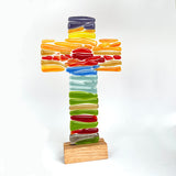Fused glass cross in rainbow colours and wooden stand, handmade in Australia