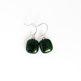 Dark shimmering green earrings, drop earrings, handmade fused glass