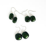Dark shimmering green earrings, drop earrings, handmade fused glass