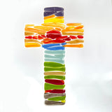 Fused glass cross in rainbow colours, hanging suncatcher, handmade in Australia