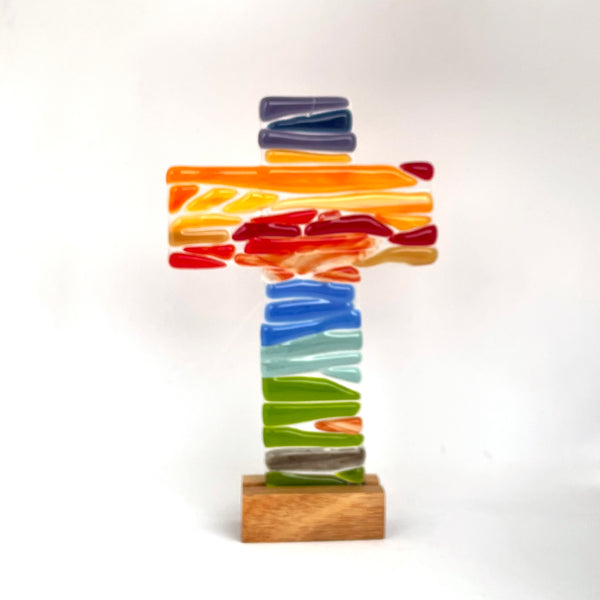 Fused glass cross in rainbow colours and wooden stand, handmade in Australia