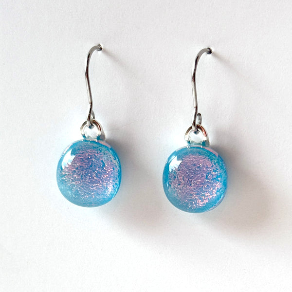 Dichro | Light Blue + pink drop earrings