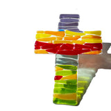 Fused glass cross suncatcher in rainbow colours, handmade in Australia