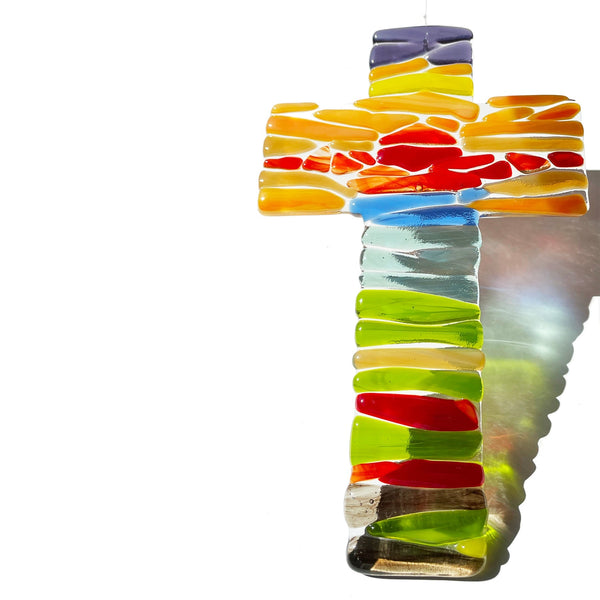 Colourful fused glass cross, handmade in Australia