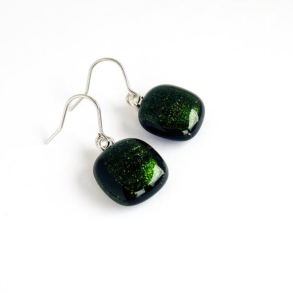 Dark shimmering green earrings, drop earrings, handmade fused glass