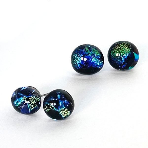 Dichroic blue and green shimmering stud earrings, handmade fused glass