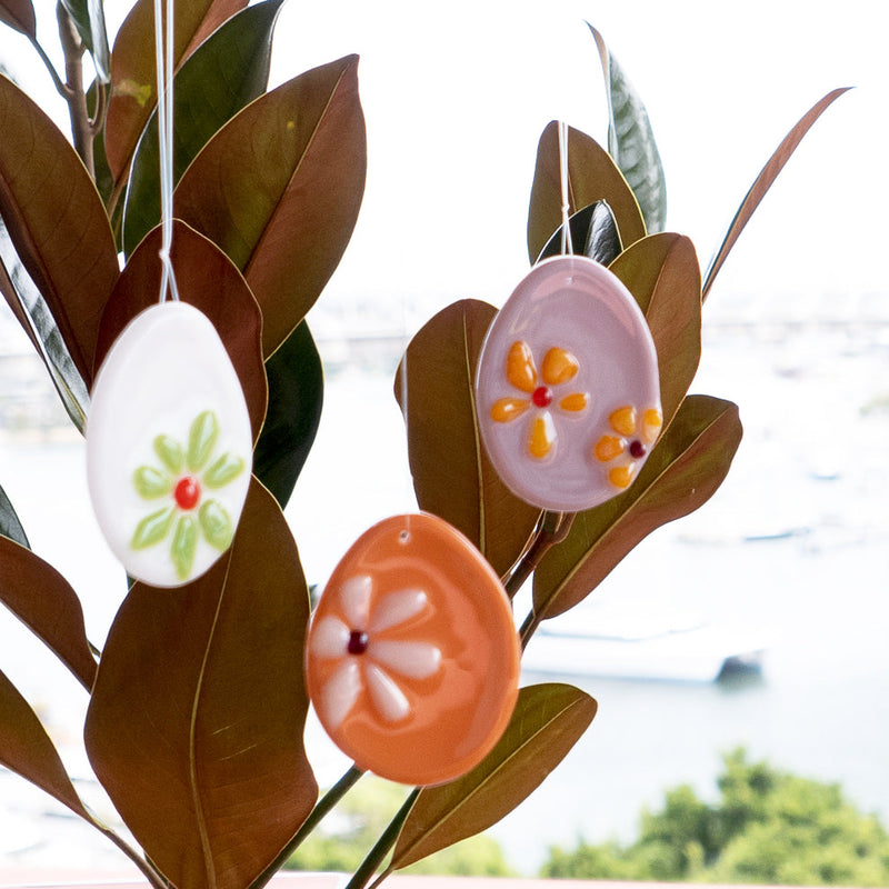 Fused glass Easter ornament, egg-shaped decoration with flower