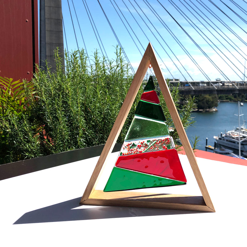 Table-top Ornament | Deluxe Christmas Tree in wooden triangular frame - Red + Green