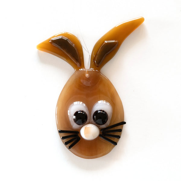 Fused glass Easter ornament, egg-shaped decoration depicting a bunny head