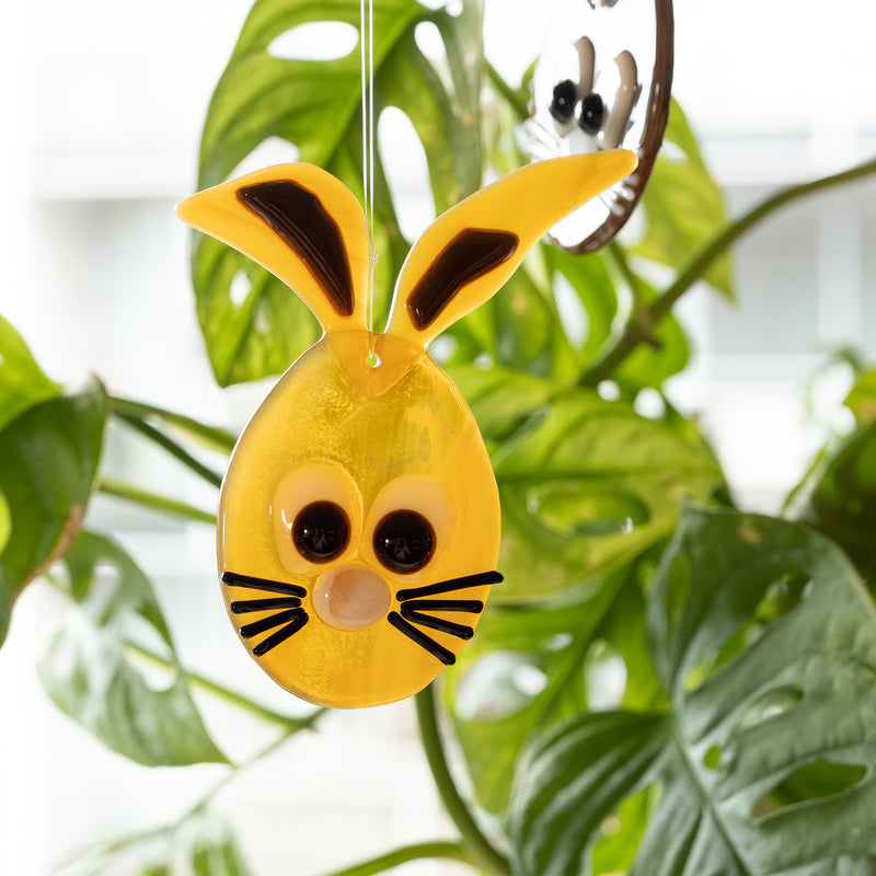 Fused glass Easter ornament, egg-shaped decoration depicting a bunny head