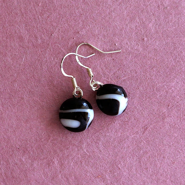 Fused glass drop earrings, handmade, in black and white