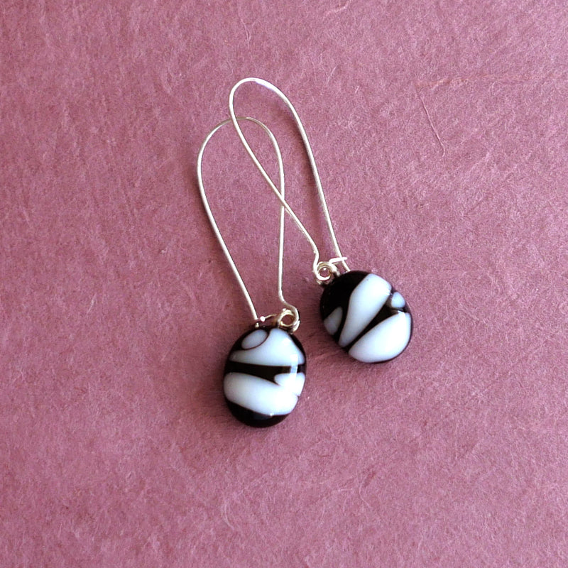 Fused glass drop earrings, handmade, in black and white