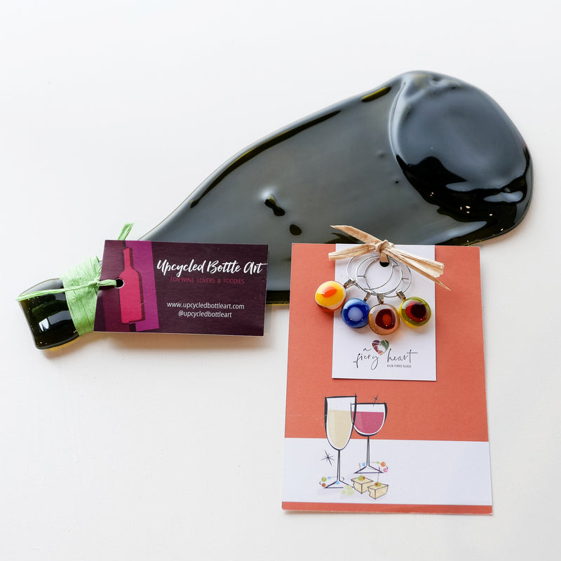 Hostess Gift Set  | Wine bottle cheese board, wine glass charms + gift wrap