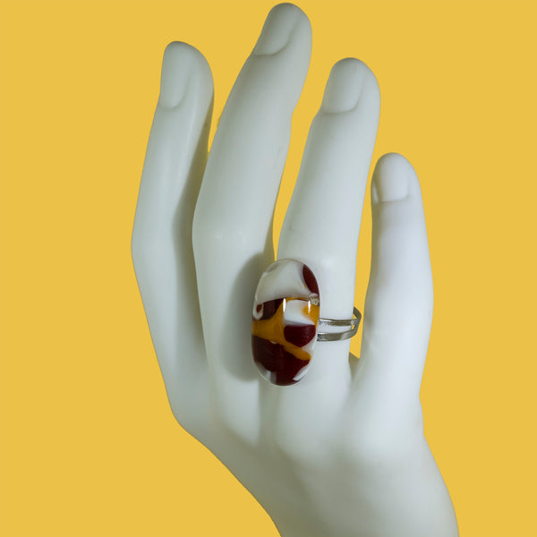 One of a kind, handmade fused glass ring with intricate pattern
